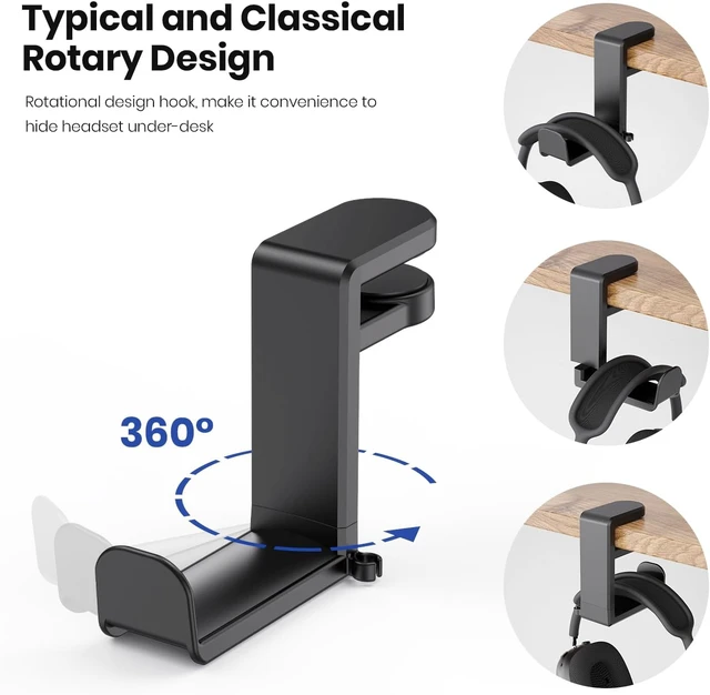 Alt view image 2 of 7 - Rotating Headphone Stand Adjustable Clamp-on Headset Holder Hanger with 360-Degree Swivel Arm Cable Organizer and Rubber Pads for 0.31-1.57 Inch Thick Desks and Wired or Wireless Headphones