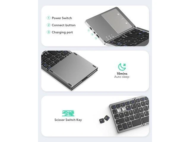Alt view image 6 of 7 - Foldable Bluetooth Keyboard Touchpad Portable Wireless Full Size Ultra Slim Pocket Folding Design Stand Holder Rechargeable Multi-Touch Quiet Keys for Android Windows iOS Tablet & Laptop Gray