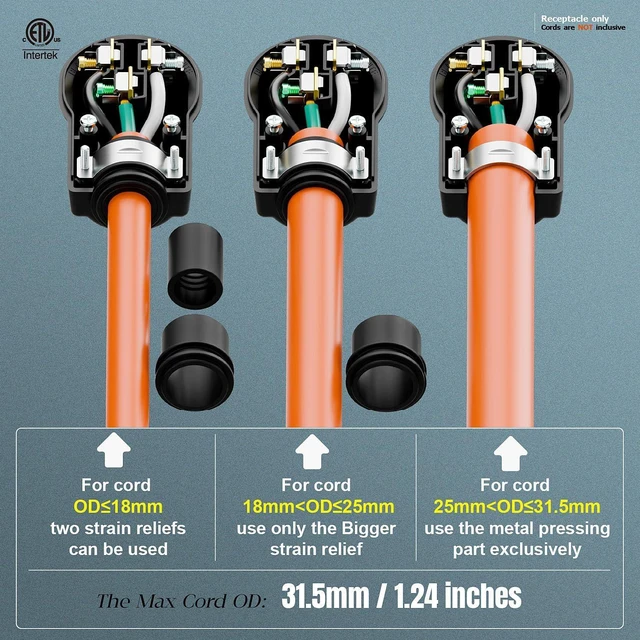 Alt view image 5 of 7 - NEMA 6-50R 50A/250V Welder Female Plug Socket Cord End Receptacle 3-Prong ETL Certified for Welders & Driers Compatible with 12-6AWG 3-Conductor Cords Heavy Duty Black Nylon UL 94-V0 Shell