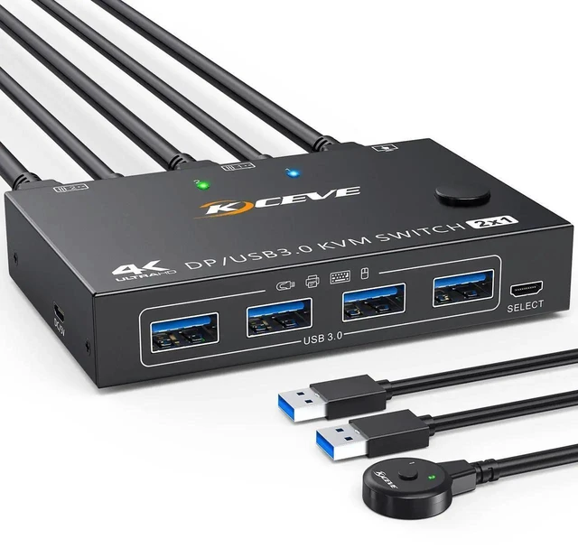 Main image of 2 Port DisplayPort KVM Switch USB 3.0 4K@144Hz for 2 PCs Sharing 1 Monitor and 4 USB Devices with Wired Remote and Front Panel Button 5Gbps Plug & Play for Windows Mac Linux Laptops & Desktops