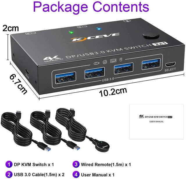 Alt view image 6 of 7 - 2 Port DisplayPort KVM Switch USB 3.0 4K@144Hz for 2 PCs Sharing 1 Monitor and 4 USB Devices with Wired Remote and Front Panel Button 5Gbps Plug & Play for Windows Mac Linux Laptops & Desktops
