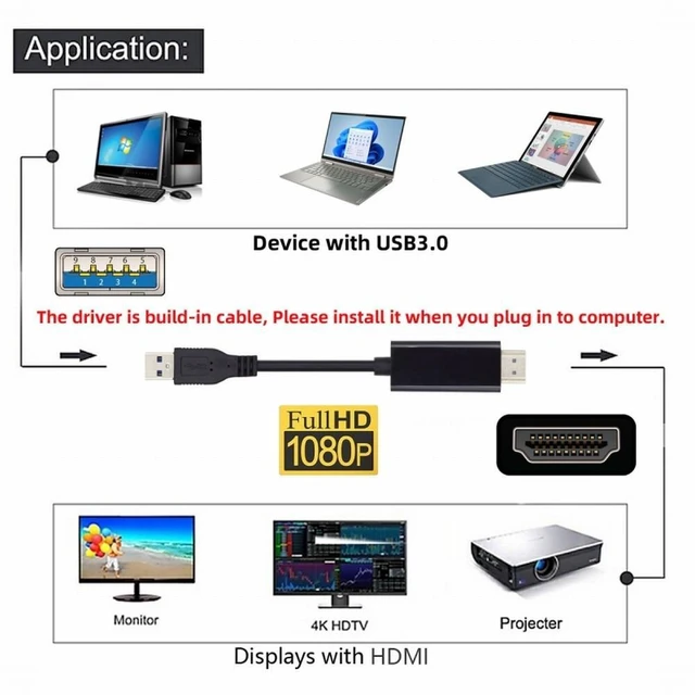 Alt view image 3 of 7 - USB3.0 Male to HDMI Male Cable Converter Adapter USB Source to HDMI Video Output 1080P@60Hz Extended or Mirrored Display for Windows Laptop PC Projector Monitor 1.8m Not for 4K/8K