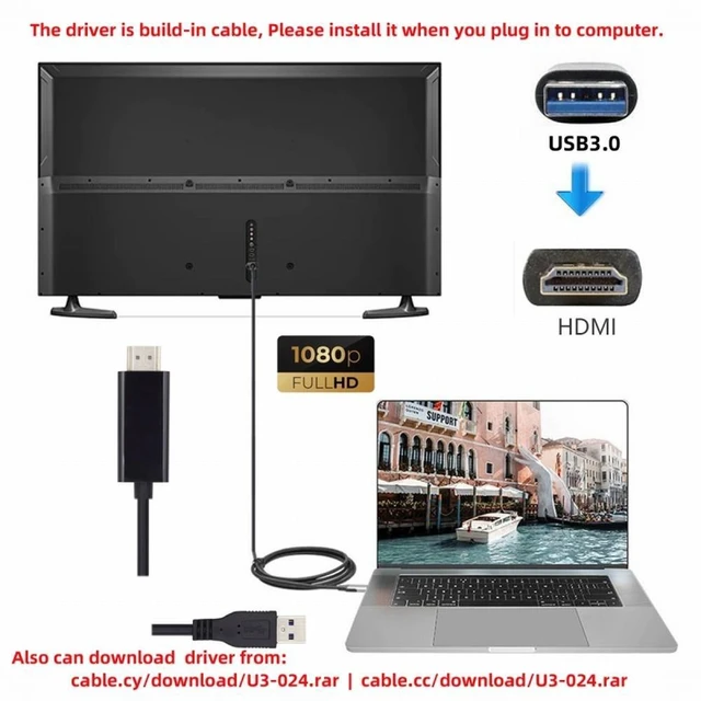 Alt view image 5 of 7 - USB3.0 Male to HDMI Male Cable Converter Adapter USB Source to HDMI Video Output 1080P@60Hz Extended or Mirrored Display for Windows Laptop PC Projector Monitor 1.8m Not for 4K/8K