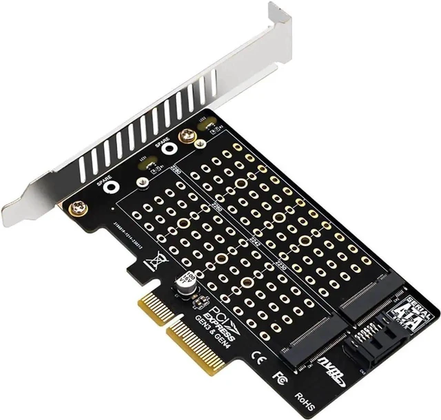 Main image of Dual M.2 to PCIe SSD Adapter Card NVMe and SATA NGFF Expansion Board M-Key/B-Key/B+M-Key 32Gbps NVMe 6Gbps SATA PCIe X4/X8/X16 Fits 2230/2242/2260/2280 M.2 SSDs Includes SATA Cable