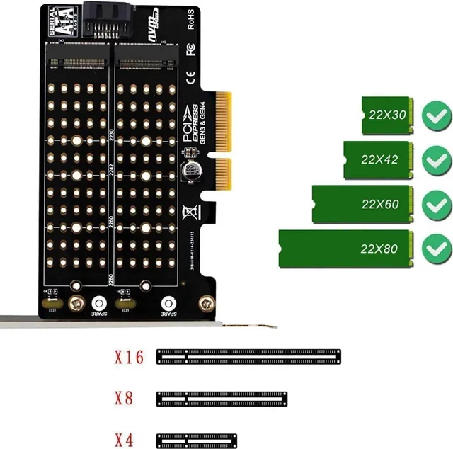 Alt view image 3 of 6 - Dual M.2 to PCIe SSD Adapter Card NVMe and SATA NGFF Expansion Board M-Key/B-Key/B+M-Key 32Gbps NVMe 6Gbps SATA PCIe X4/X8/X16 Fits 2230/2242/2260/2280 M.2 SSDs Includes SATA Cable