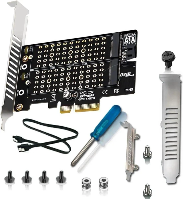 Alt view image 4 of 6 - Dual M.2 to PCIe SSD Adapter Card NVMe and SATA NGFF Expansion Board M-Key/B-Key/B+M-Key 32Gbps NVMe 6Gbps SATA PCIe X4/X8/X16 Fits 2230/2242/2260/2280 M.2 SSDs Includes SATA Cable