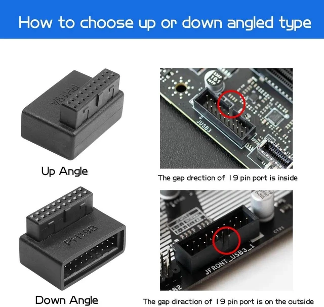 Alt view image 5 of 6 - USB 3.0 19/20 Pin Motherboard Header Adapter 90 Degree L-Shaped Male to Female Right Angle Connector PH19A+PH19B 5Gbps Internal Cable Routing for Compact PC Cases 2 Pack