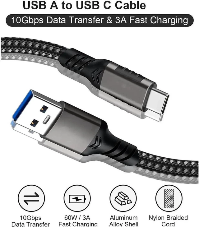 Alt view image 7 of 7 - USB A to USB C Fast Charging Cable 60W 3A 10Gbps USB 3.1/3.2 Data Sync Cord for Samsung Galaxy S22 S21 S20 and Type-C Devices Nylon Braided 2-Pack 1M/3.3ft