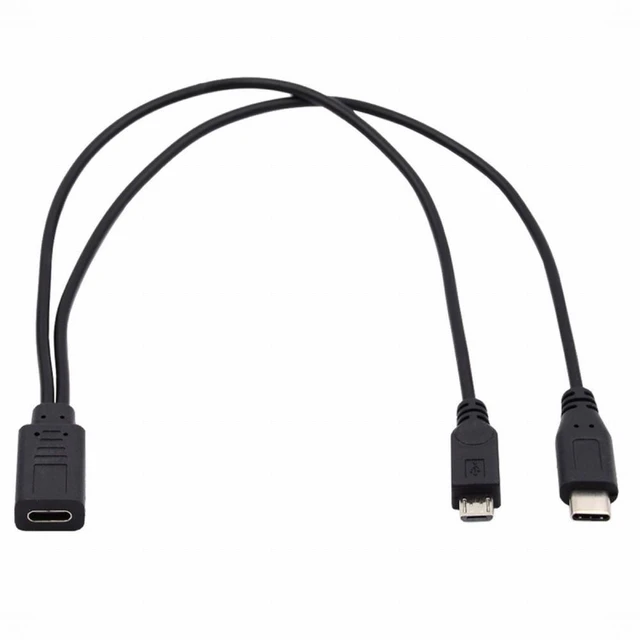 Alt view image 2 of 7 - Type-C Female to USB 3.1 Type-C and Micro USB Male Splitter Extension Charge Cable Dual Device Power Charging Cable DC 5V Power Only No PD Power or Data Transfer 32AWG 30cm Black