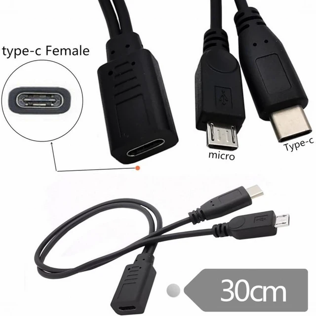 Alt view image 3 of 7 - Type-C Female to USB 3.1 Type-C and Micro USB Male Splitter Extension Charge Cable Dual Device Power Charging Cable DC 5V Power Only No PD Power or Data Transfer 32AWG 30cm Black