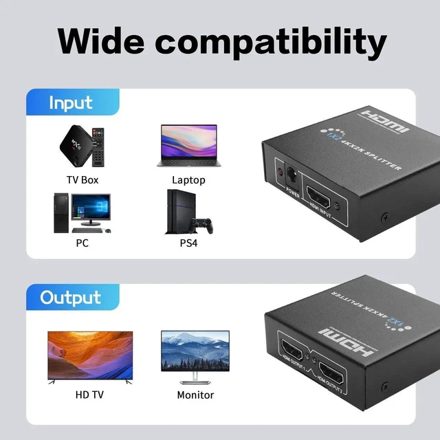 Alt view image 2 of 6 - 4K Powered HDMI Splitter 1x2 1 Input 2 Output HDMI Signal Duplicator for Dual Monitors Mirror Video and Audio from One Source to Two Identical Displays Plug and Play with Power Adapter