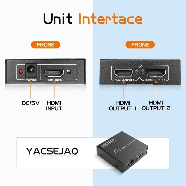 Alt view image 5 of 6 - 4K Powered HDMI Splitter 1x2 1 Input 2 Output HDMI Signal Duplicator for Dual Monitors Mirror Video and Audio from One Source to Two Identical Displays Plug and Play with Power Adapter