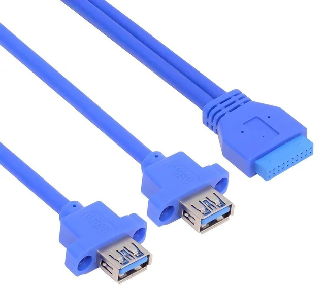 Main image of Dual Port USB 3.0 Type-A Panel Mount Adapter Cable 20Pin/19Pin Motherboard Header to 2 Female Ports Front Panel Extension with 2 Screw Holes 5Gbps Data Transfer 50cm