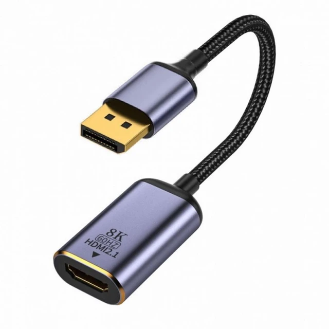 Alt view image 2 of 7 - DP to HDMI Adapter Cable DisplayPort 1.4 Male to HDMI 2.0 Female Converter 8K 60Hz 4K 60Hz UHD Video Audio for Desktop Laptop Monitor HDTV One-Way Slim Aluminum Shell Gold-Plated Mirror Extend Mode