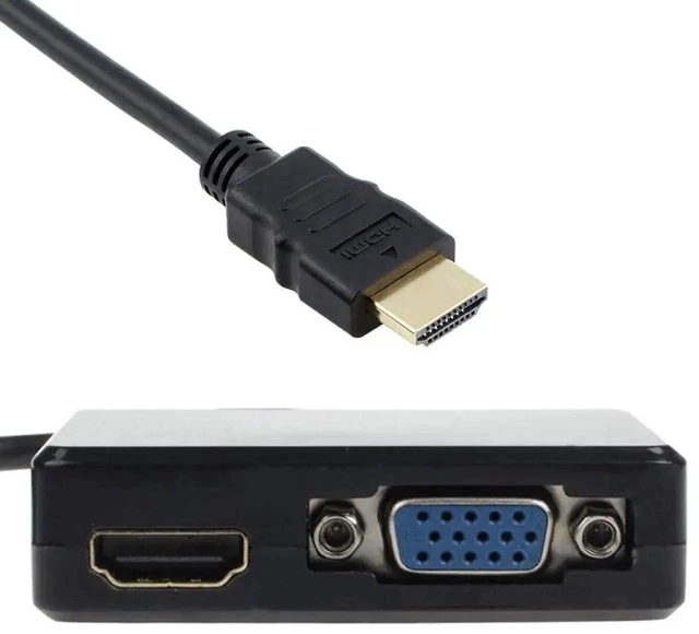 Alt view image 2 of 7 - Dual Display Video Adapter HDMI Input to VGA and HDMI Female Splitter Converter with 3.5mm Audio Jack Plug-and-Play Synchronized Output for Windows PC Monitor HDTV Projector