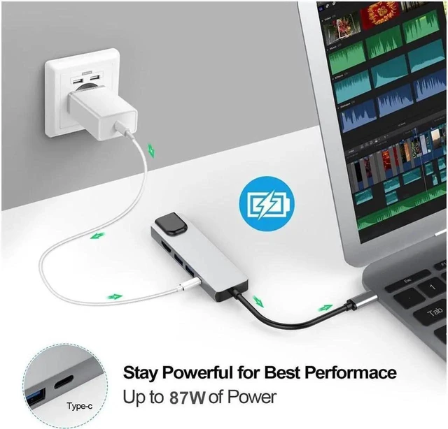Alt view image 4 of 7 - 5-in-1 USB-C Multiport Hub Adapter with 4K HDMI 30Hz Gigabit RJ45 Ethernet 2 USB 3.0 Ports PD Charging LKTC15 Aluminum Alloy 120mm Cable for MacBook Pro 2019 iPad Pro 2020 Space Grey