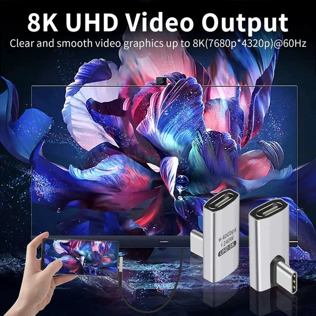 Alt view image 5 of 7 - 90 Degree USB-C Adapter 240W Fast Charging Right Angle USB-C Male to Female Connector 40Gbps Data Transfer 8K@60Hz Video and Audio Thunderbolt 4/3 Compatible for Laptop Tablet Phone