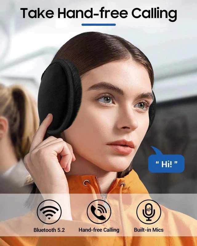 Alt view image 6 of 6 - Bluetooth V 5.2 Earmuffs with Built-in HD Stereo Speakers and Microphone Wireless Headphones with 3-Button Music and Call Controls Foldable Washable Plush Winter Headwear for Hiking Skiing