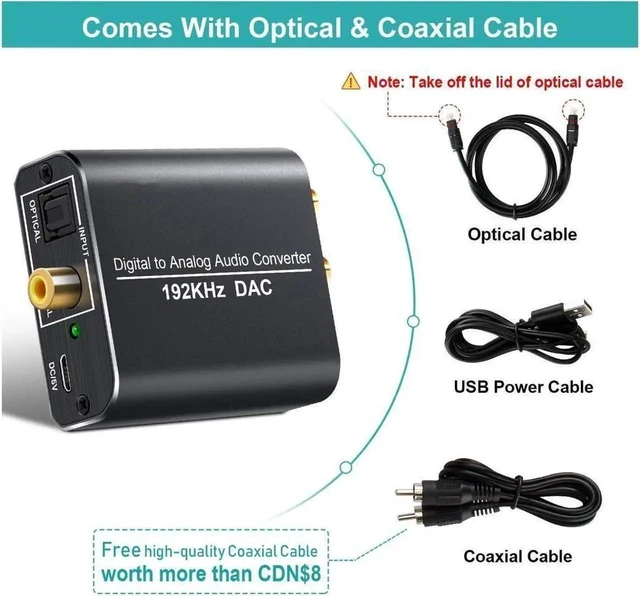 Alt view image 5 of 7 - 192kHz Digital to Analog Audio Converter DAC Aluminum SPDIF TOSLINK Optical and Coaxial to Stereo L/R RCA and 3.5mm Jack 5V 1A USB Powered with Optical & Coaxial Cables for PS4 Xbox HDTV DVD