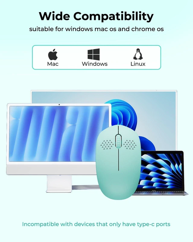 Alt view image 6 of 7 - Wireless Mouse WGSB-012-Mini-Green-Y 2.4G USB Optical Mouse with Noiseless Clicks Plug & Play Nano Receiver up to 33ft for Windows Laptop Apple iPad Portable Mint Green 1-Pack No Battery Included