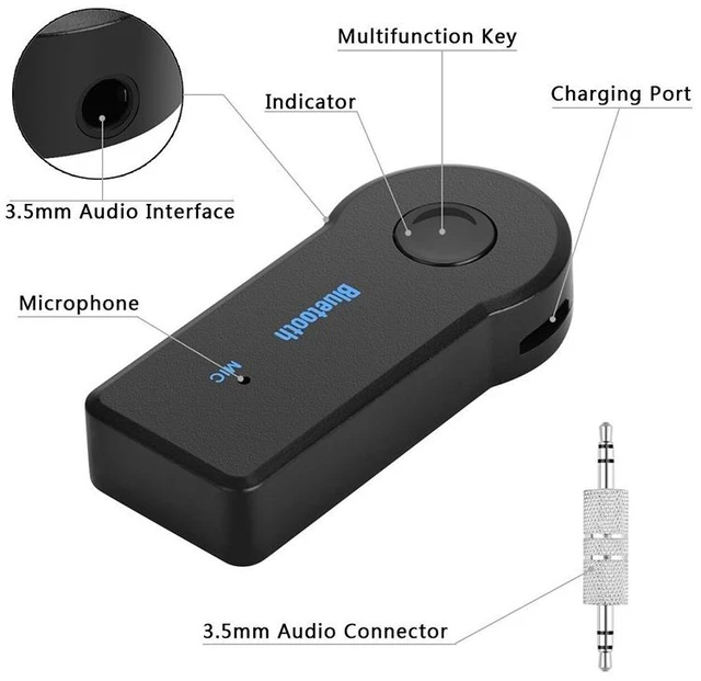 Alt view image 2 of 6 - 2 in 1 Wireless Bluetooth 5.0 Receiver Transmitter 3.5mm AUX Audio Adapter for Car Music Headphone and Speaker Connectivity A2DP Hands-Free Adapter with 15cm USB Charging Cable Black 5*2*1cm