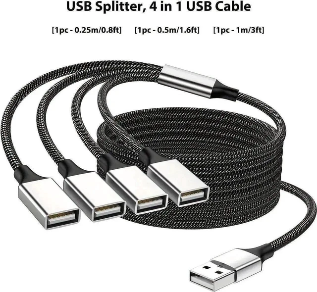 Main image of USB 1 Male to 4 Female Splitter Cable 0.8FT 4-Port USB Hub Adapter for MacBook Laptop Car Xbox Plug and Play Multi-Device Connector for Flash Drive and External Hard Drive Short Cable
