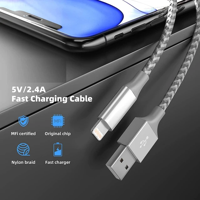 Alt view image 3 of 7 - USB Cable for iPhone M-Fi Certified Charging Cord Fast Sync and Data Transfer Nylon Braided 2.1A 480 Mbps Compatible with iPhone 13 12 11 Pro XS Max XR X 8 8P 7 10FT/3M 3 Pack