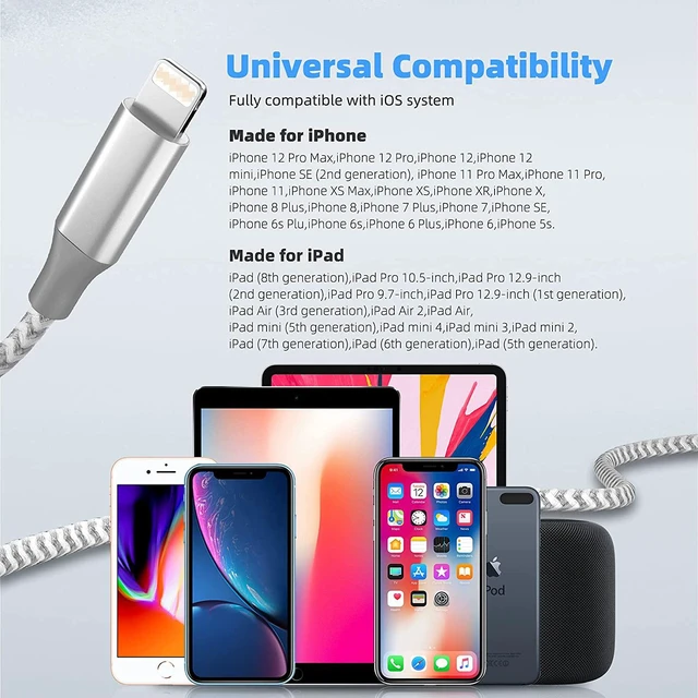 Alt view image 7 of 7 - USB Cable for iPhone M-Fi Certified Charging Cord Fast Sync and Data Transfer Nylon Braided 2.1A 480 Mbps Compatible with iPhone 13 12 11 Pro XS Max XR X 8 8P 7 10FT/3M 3 Pack