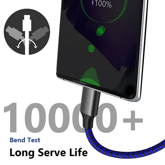 Alt view image 4 of 7 - USB A to USB C Cable 10ft 3 Pack USB Type-C Fast Charging Cable 5V/3A 480Mb/s Data Sync Nylon Braided Aluminum Housing Cord for Galaxy S20 S10 S9 S9 Plus Note 9 Note 8 S8 S8 Plus Black Blue Red