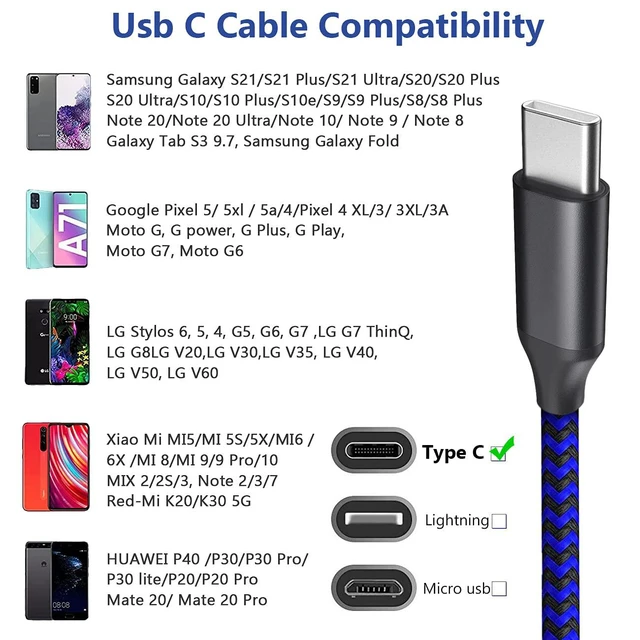Alt view image 6 of 7 - USB A to USB C Cable 10ft 3 Pack USB Type-C Fast Charging Cable 5V/3A 480Mb/s Data Sync Nylon Braided Aluminum Housing Cord for Galaxy S20 S10 S9 S9 Plus Note 9 Note 8 S8 S8 Plus Black Blue Red