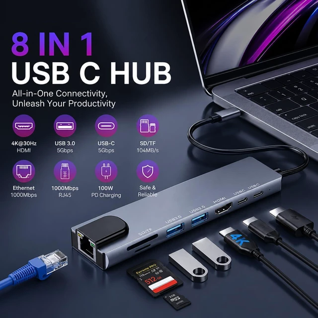 Alt view image 2 of 6 - 8-in-1 USB-C Docking Station and Type C Hub with 4K HDMI Output 100W Power Delivery Gigabit Ethernet RJ45 SD/TF Card Reader USB 3.0 and 2.0 Data Ports for MacBook iPad Galaxy