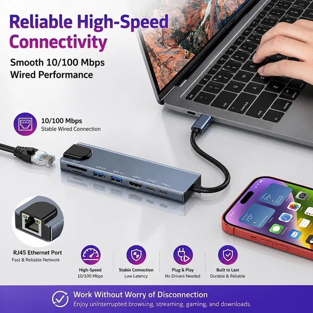 Alt view image 4 of 6 - 8-in-1 USB-C Docking Station and Type C Hub with 4K HDMI Output 100W Power Delivery Gigabit Ethernet RJ45 SD/TF Card Reader USB 3.0 and 2.0 Data Ports for MacBook iPad Galaxy