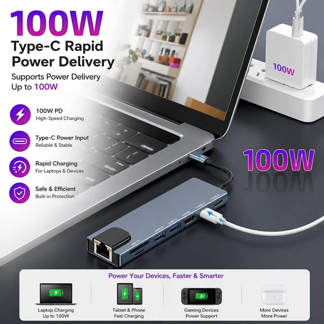 Alt view image 5 of 6 - 8-in-1 USB-C Docking Station and Type C Hub with 4K HDMI Output 100W Power Delivery Gigabit Ethernet RJ45 SD/TF Card Reader USB 3.0 and 2.0 Data Ports for MacBook iPad Galaxy