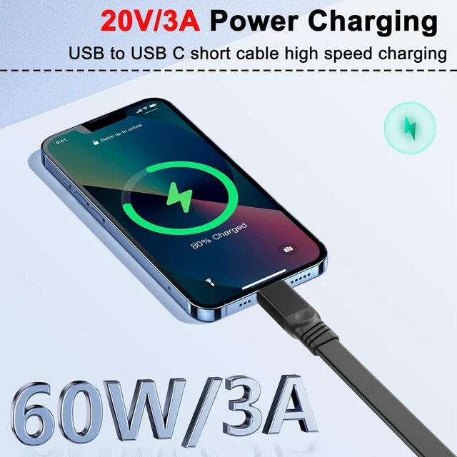 Alt view image 3 of 7 - 2PCS Short USB-A to Type-C Cable USB 3.2 Data Transfer 60W 3A QC 3.0 Fast Charging Flat Flexible Portable Cord for Power Banks Car Charging iPhone 15/16 iPad Pro CarPlay 0.65FT/0.2M