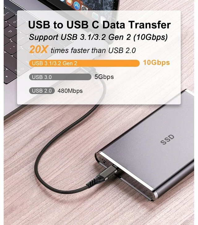 Alt view image 3 of 7 - USB-A to USB-C Cable 3.1/3.2 Gen 2 10Gbps Data Transfer Cable 60W 3A Fast Charging Cord Nylon Braided Compatible with Galaxy and Google Pixel Phones External SSD Laptop PC 2 Pack 1.6FT