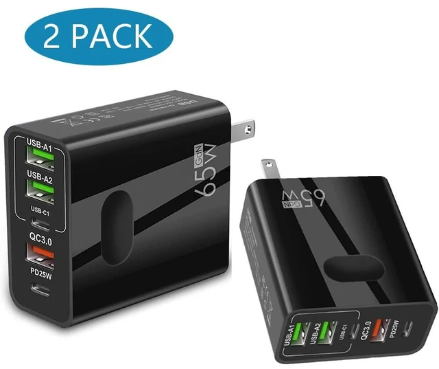 Main image of 65W Wall Charger Block 2 Pack 5 Port Power Adapter with 3 USB-A and 2 USB-C PD 25W QC 3.0 Fast Charging Plug for Smartphones Tablets Home Office Travel Black
