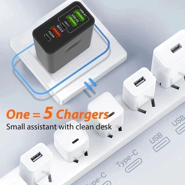 Alt view image 5 of 7 - 65W Wall Charger Block 2 Pack 5 Port Power Adapter with 3 USB-A and 2 USB-C PD 25W QC 3.0 Fast Charging Plug for Smartphones Tablets Home Office Travel Black