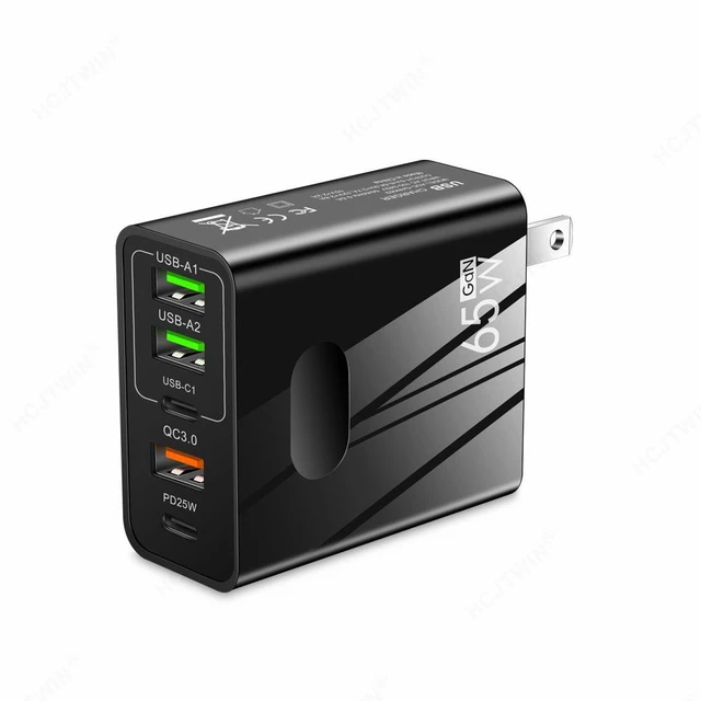 Alt view image 7 of 7 - 65W Wall Charger Block 2 Pack 5 Port Power Adapter with 3 USB-A and 2 USB-C PD 25W QC 3.0 Fast Charging Plug for Smartphones Tablets Home Office Travel Black