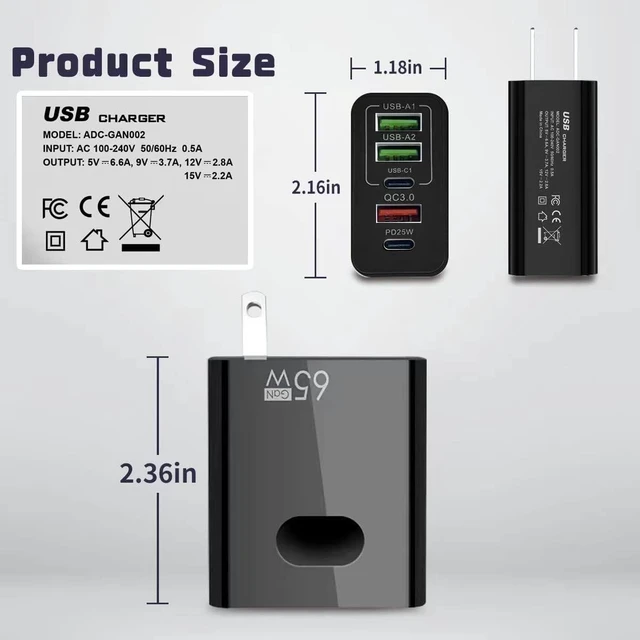 Alt view image 2 of 7 - 65W Wall Charger Block 2 Pack 5 Port Power Adapter with 3 USB-A and 2 USB-C PD 25W QC 3.0 Fast Charging Plug for Smartphones Tablets Home Office Travel Black
