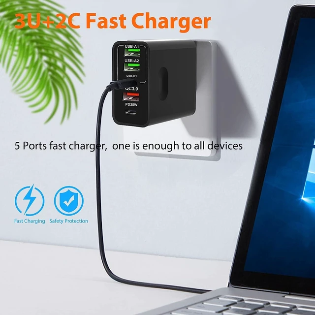 Alt view image 6 of 7 - 65W Wall Charger Block 2 Pack 5 Port Power Adapter with 3 USB-A and 2 USB-C PD 25W QC 3.0 Fast Charging Plug for Smartphones Tablets Home Office Travel Black