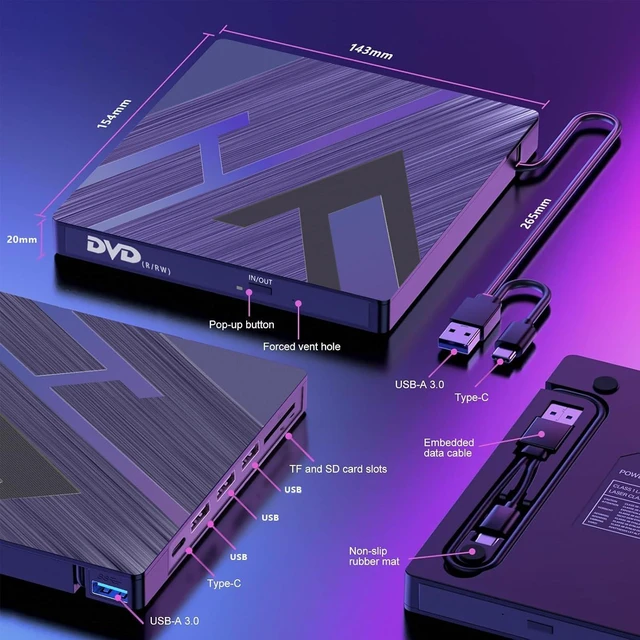 Alt view image 2 of 7 - 7 in 1 External CD DVD Drive USB 3.0 Type-C Slim Portable Optical Disk Drive with DVD/CD Burner Writer Reader SD/TF Card Reader and 4-Port USB Hub for Laptop Windows 11/10/8/7/Vista/Linux MacOS