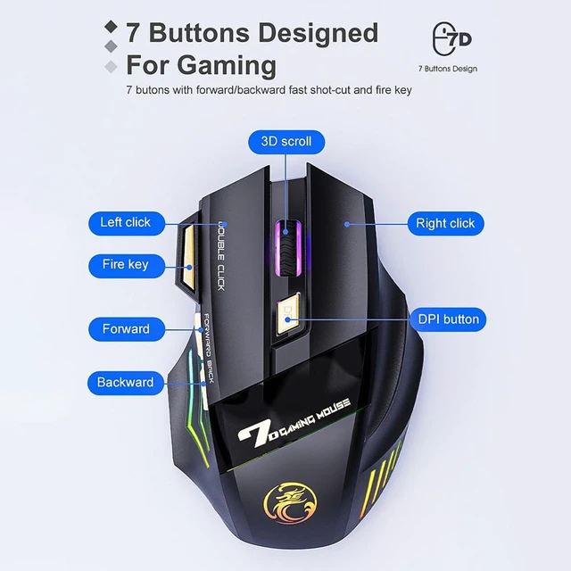 Alt view image 2 of 7 - Rechargeable 7-Color RGB Wireless Gaming Mouse Ergonomic Optical Computer Mouse with 7 Buttons 1200/2400/3200 DPI 2.4Ghz USB Receiver Fire Button Windows 8/10 Black