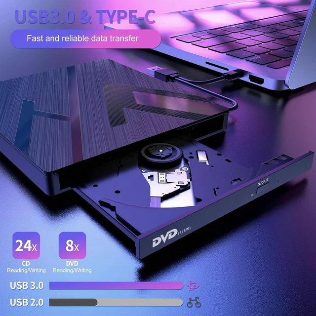 Alt view image 3 of 7 - 7 in 1 External CD DVD Drive USB 3.0 Type-C Slim Portable Optical Disk Drive with DVD/CD Burner Writer Reader SD/TF Card Reader and 4-Port USB Hub for Laptop Windows 11/10/8/7/Vista/Linux MacOS