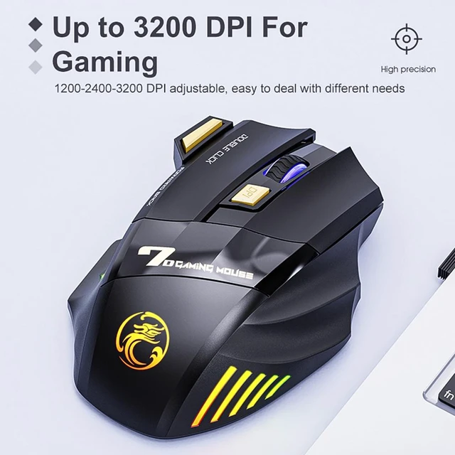 Alt view image 6 of 7 - Rechargeable 7-Color RGB Wireless Gaming Mouse Ergonomic Optical Computer Mouse with 7 Buttons 1200/2400/3200 DPI 2.4Ghz USB Receiver Fire Button Windows 8/10 Black