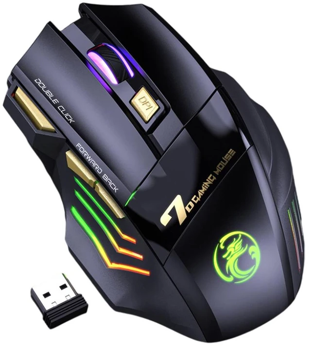 Main image of Rechargeable 7-Color RGB Wireless Gaming Mouse Ergonomic Optical Computer Mouse with 7 Buttons 1200/2400/3200 DPI 2.4Ghz USB Receiver Fire Button Windows 8/10 Black