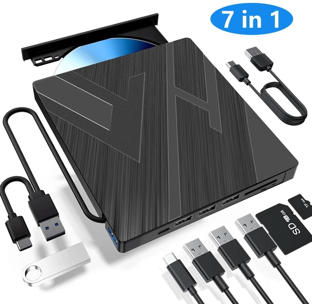 Main image of 7 in 1 External CD DVD Drive USB 3.0 Type-C Slim Portable Optical Disk Drive with DVD/CD Burner Writer Reader SD/TF Card Reader and 4-Port USB Hub for Laptop Windows 11/10/8/7/Vista/Linux MacOS