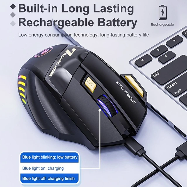 Alt view image 4 of 7 - Rechargeable 7-Color RGB Wireless Gaming Mouse Ergonomic Optical Computer Mouse with 7 Buttons 1200/2400/3200 DPI 2.4Ghz USB Receiver Fire Button Windows 8/10 Black