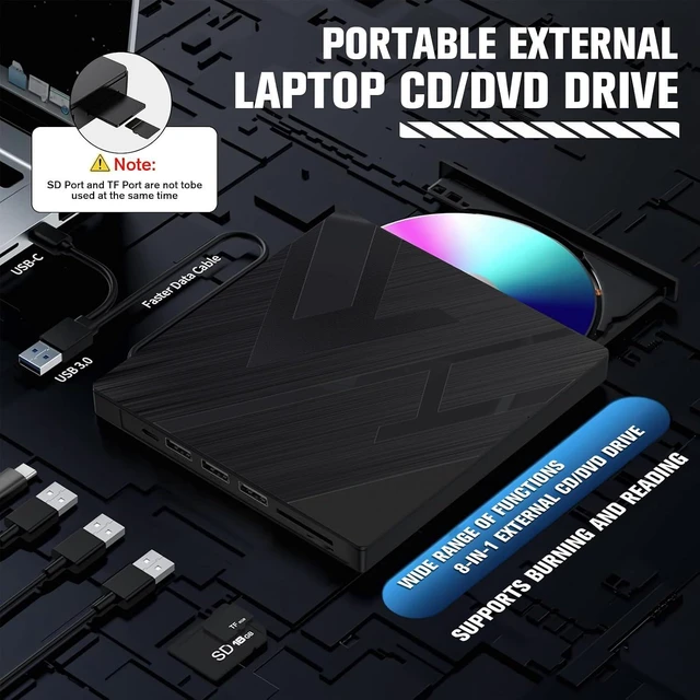Alt view image 4 of 7 - 7 in 1 External CD DVD Drive USB 3.0 Type-C Slim Portable Optical Disk Drive with DVD/CD Burner Writer Reader SD/TF Card Reader and 4-Port USB Hub for Laptop Windows 11/10/8/7/Vista/Linux MacOS