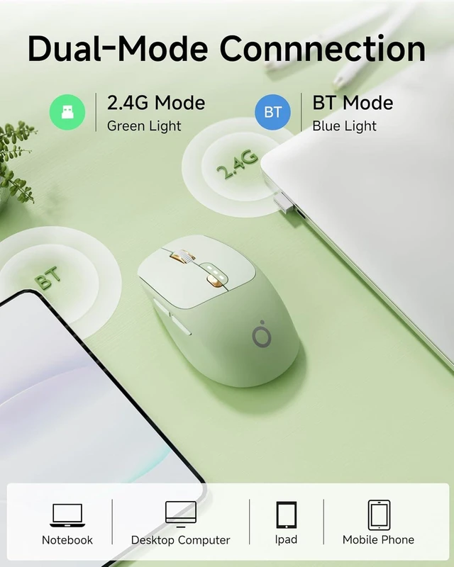 Alt view image 4 of 7 - Bluetooth Wireless Mouse with 2.4G Dual Connection 1600 DPI Adjustable Tracking 6 Buttons Battery Level Display Quiet Ergonomic Portable Computer Mouse for Windows Linux Laptop and PC Green