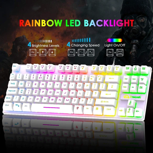 Alt view image 2 of 7 - USB Wired Gaming Keyboard and Mouse Combo 88-Key Compact Mechanical Feel Keyboard with Rainbow Backlight 6400 DPI RGB Backlit Lightweight Honeycomb Shell Gaming Mouse for Windows PC Gamers White